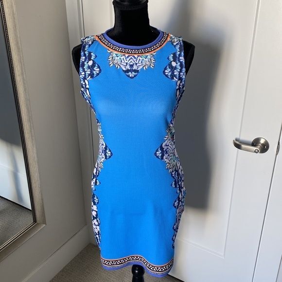 VENUS BODYCON BLUE & FLORAL PRINT DRESS IN POLY AND SPANDEX SIZE ME… - Picture 1 of 10
